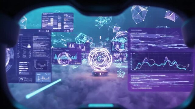 View through a VR headset showing multiple holographic data screens, charts, and a central glowing orb in a futuristic digital environment.