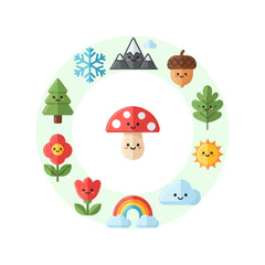 Fototapeta premium Cute Seasons Circle with Smiling Characters: Winter, Spring, Summer, Autumn