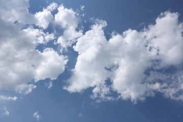 Fototapeta premium A clear blue sky with fluffy white clouds scattered throughout. The scene captures a serene and abstract atmosphere, ideal for backgrounds or nature themes.