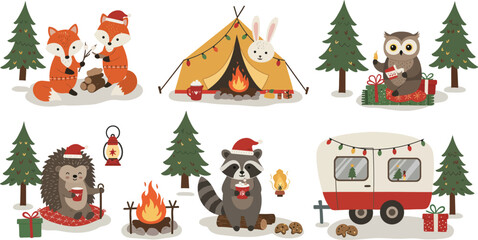 Fototapeta premium Set of cute forest animals camping in winter with a tent caravan bonfire pine trees and christmas decorations in a flat cartoon style