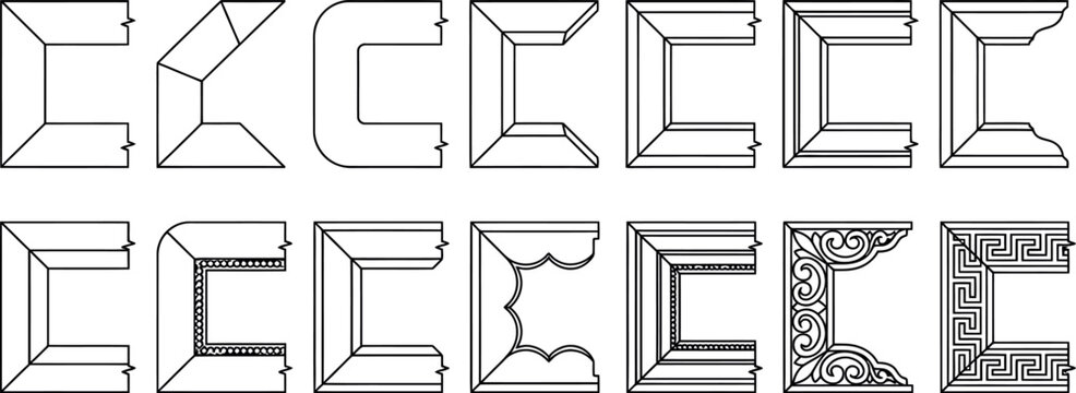 A detailed collection of twelve different architectural corner molding profiles presented as a clean black and white line drawing for interior design reference purposes.