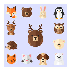 Obraz premium Cute Woodland Animal Faces Collection - Fox, Bear, Rabbit, Penguin, Deer, Owl, Hedgehog