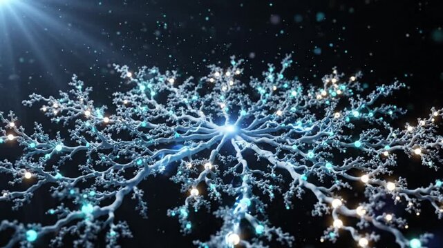A glowing, intricate fractal-like network with branching patterns and luminous nodes against a dark, starry cosmic background.