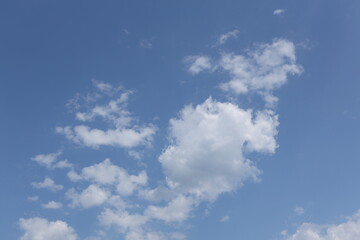 Fototapeta premium A clear blue sky with scattered white clouds creating an abstract background. The clouds vary in shape and size, adding depth to the scene.