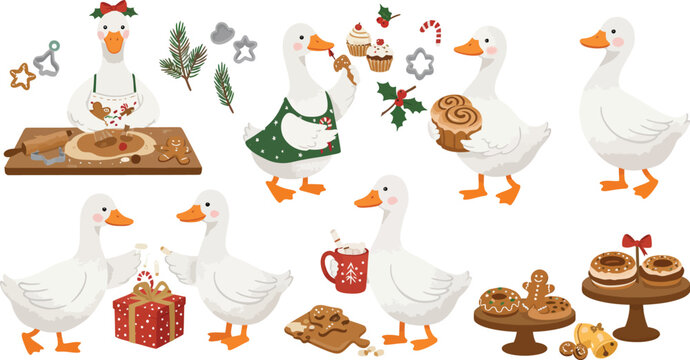 A collection of cute watercolor geese preparing for christmas celebrations with festive decorations cookies baking tools and wrapped presents isolated on white background