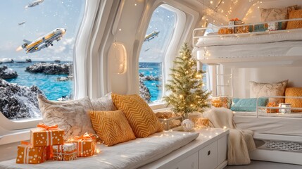 Fototapeta premium Cozy Arctic Research Station Bunkroom Decorated for Christmas Holiday
