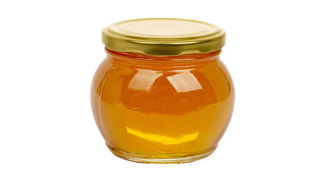 Golden honey in a small glass jar with a metallic lid, isolated on transparent background