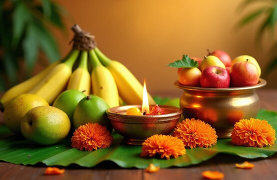 Ugadi festival setup on banana leaf with fruits like bananas apples mangoes. Traditional Indian celebration with diya flower decoration. Festive holiday auspicious start.