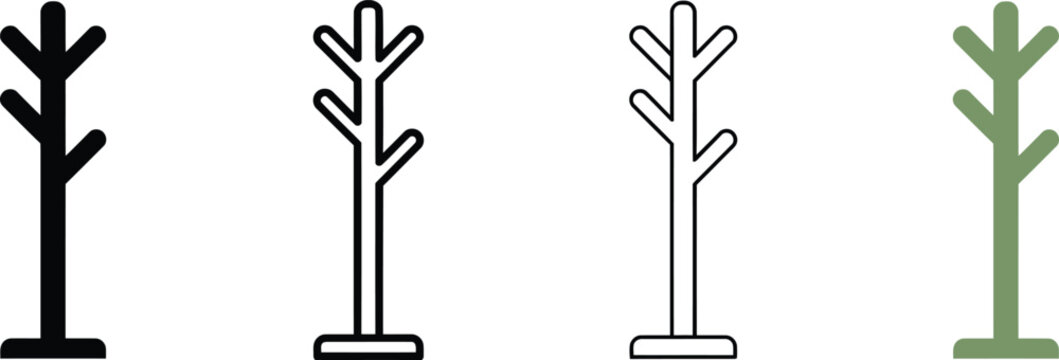 Minimalist coat rack icon set, modern standing hanger vector symbols, 4 furniture line art elements for interior design and home organization