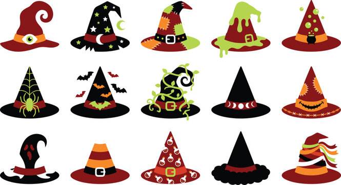 Halloween witch hats, vector icons, black, orange, green, red, 12 pcs, holiday decoration
