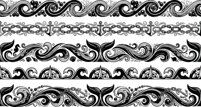 Set of nautical decorative borders with waves, anchors, chains, whale tails and compasses transparent background