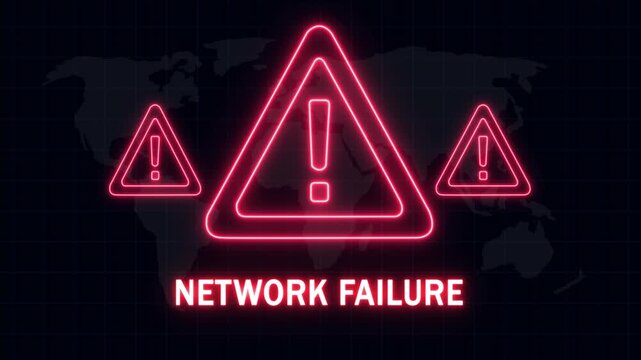 Cybersecurity network failure alert with glowing red neon warning triangles and digital map background, for global internet, outage, server connection, error, data breach, and information technology 
