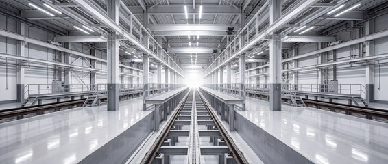 Obraz premium Industrial railway maintenance facility with steel structures and bright white lighting creating clean modern engineering space
