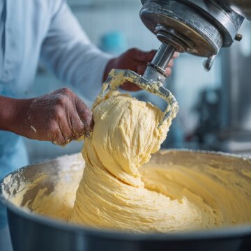 Close up of industrial dough mixing with hand and mixer paddle in commercial bakery for design, packaging, poster, food background