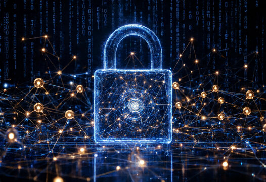 Abstract Digital Privacy Network Glass Security Padlock on Dark Background