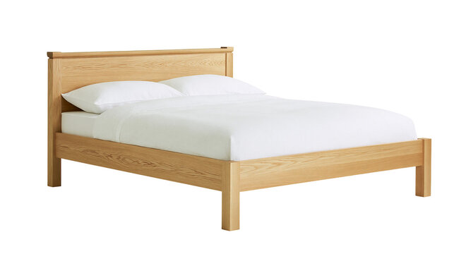 Natural wood bed frame with white bedding, isolated on transparent background