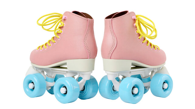 Pair of pink roller skates with yellow laces and blue wheels, isolated on transparent background