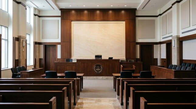 Empty modern courtroom interior with wooden furnishings