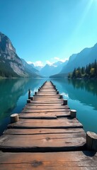 Fototapeta premium Wooden pier extends over clear blue lake water towards distant mountains under bright sun. Pine forest lines distant shore, reflecting on calm surface. Serene mountain landscape offers peaceful,