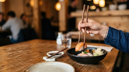 Obraz premium Person eating sushi with chopsticks in a restaurant
