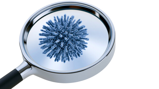 Magnifying glass examining a blue virus particle, isolated on transparent background