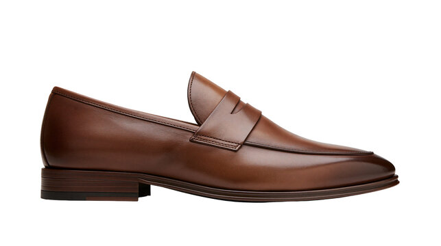 Elegant brown leather penny loafer shoe polished and smooth, isolated on transparent background