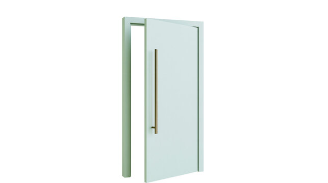 Modern light blue door with long brushed metal handle, isolated on transparent background