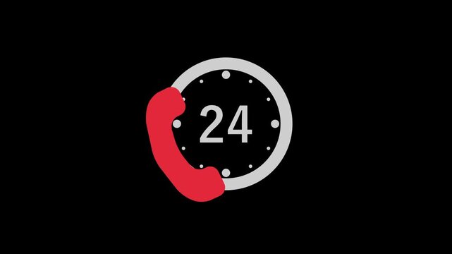 24 7 Hotline and customer support service animation. 24 hour clock icon combined with a telephone receiver. Hotline services and non stop assistance concept.
