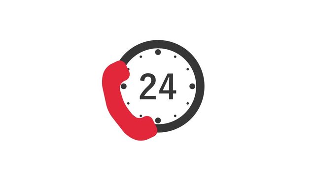24 7 Hotline and customer support service animation. 24 hour clock icon combined with a telephone receiver. Hotline services and non stop assistance concept.