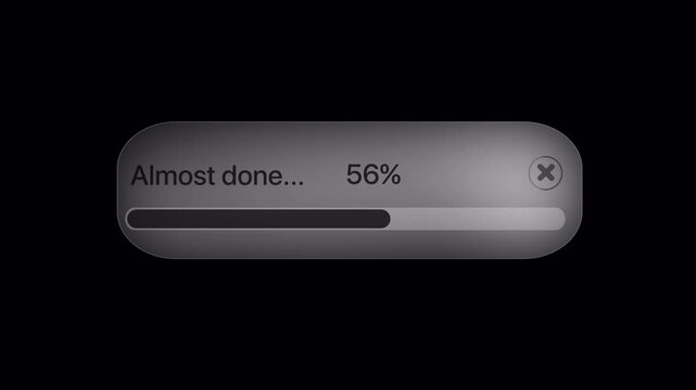 Glassmorphic "Almost done" progress bar on alpha channel. Minimalist monochrome loading window on transparent background. Animated MOV.