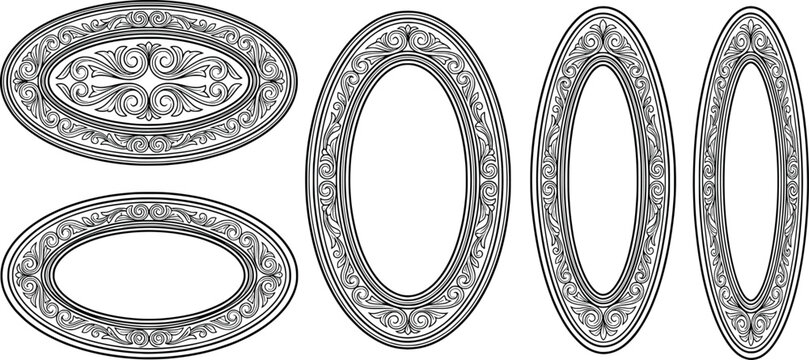 Collection of ornate oval frames with floral scrollwork transparent background