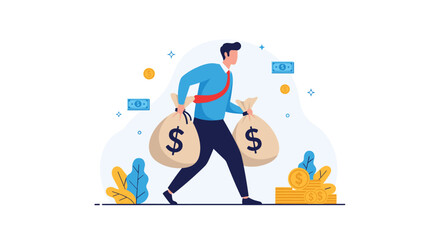 Naklejka premium Successful young businessman runs happily while carrying two heavy bags filled with US dollar cash money.
