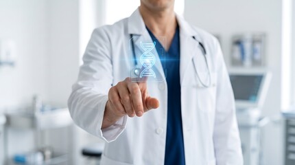 Fototapeta premium Doctor Touching Digital DNA Hologram in Modern Medical Clinic