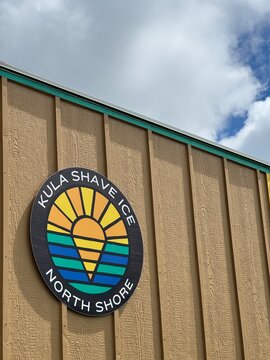 25 October 2024, USA, Hawaii, Oahu, Haleiwa, North Shore Kula Shave Ice North Shore - outside exterior building logo view