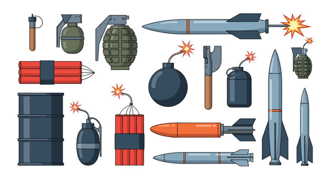 Extensive collection of military weapons including hand grenades, dynamic sticks, explosive bombs, and rockets.