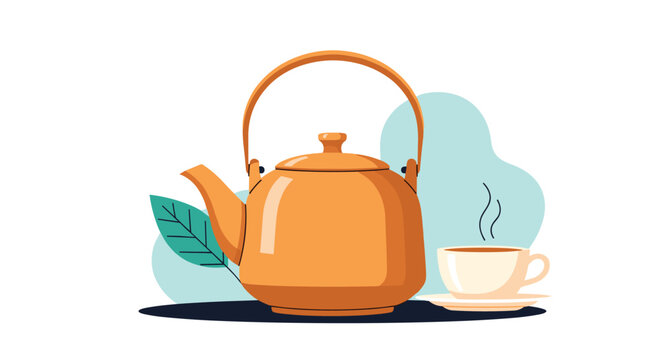 Cozy ceramic orange teapot with teacup on a saucer emitting warm steam next to a green leaf element.