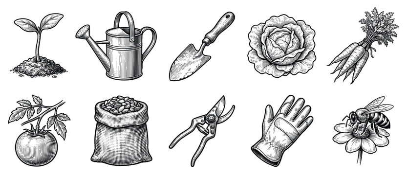 Gardening icons set. Cultivation and harvest concept. Includes plant sprout, watering can, trowel, cabbage, carrots, tomato, seed bag, pruning shears, glove, bee on flower. Engraved line art