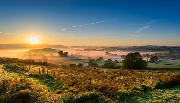 Stunning Sunrise Landscape Over Foggy English Countryside With G