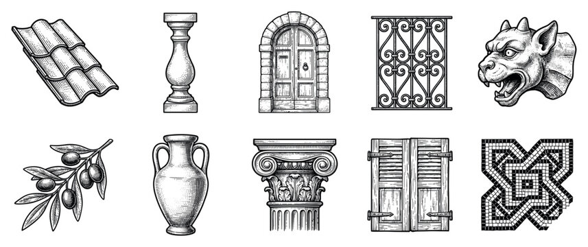 Architecture elements icons set. Classical and traditional building details concept. Includes roof tile, baluster, arched door, iron grate, gargoyle, olive branch, amphora, column, window