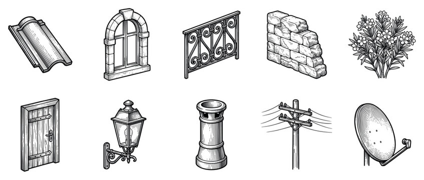 Building elements icons set. Architectural and urban details concept. Includes roof tile, arched window, wrought iron fence, brick wall, oleander bush, wooden door, street lamp, chimney,