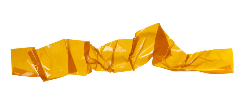 Yellow crumpled adhesive repair tape, line flying, isolated on white background, design element, clipping path