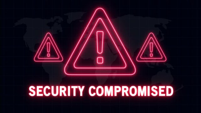 Cybersecurity alert warning featuring glowing red neon warning triangles and bold security compromised text overlaying a digital global map background, for network breach, and data protection