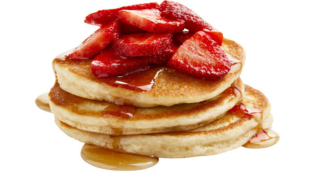 Stack of golden pancakes with sliced strawberries and maple syrup, isolated on transparent background