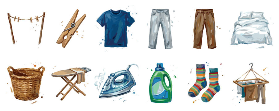 Laundry icons set. Household chores and clothing care concept. Includes clothesline, clothespin, t-shirt, jeans, bed linen, laundry basket, ironing board, iron, detergent, socks, drying