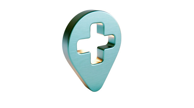 Brushed metallic teal location pin with plus symbol, isolated on transparent background
