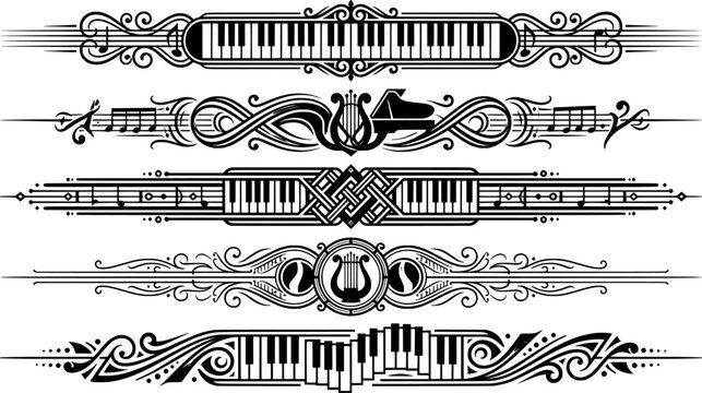 Set of musical dividers with piano keys, lyre, and grand piano elements transparent background