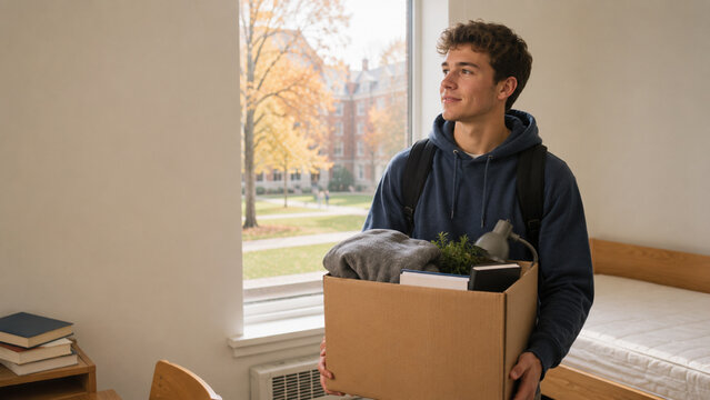 A male student in his dormitory room is moving his belongings in a box.