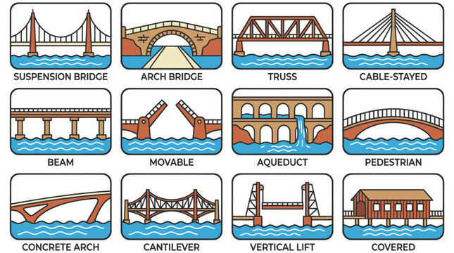 Educational infographic illustrating diverse bridge types and architectural structures.