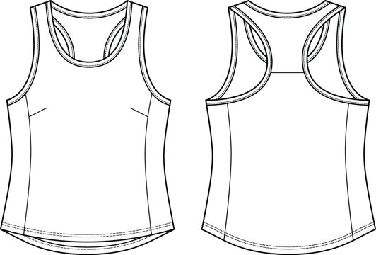 Blank sports tank top vector sketch fashion technical drawing front and back view outline template