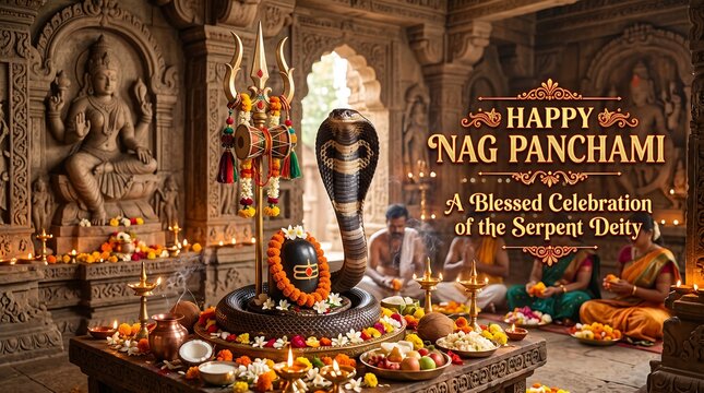 Happy Nag Panchami - Devotional Scene with Cobra Coiled Around Golden Trishula